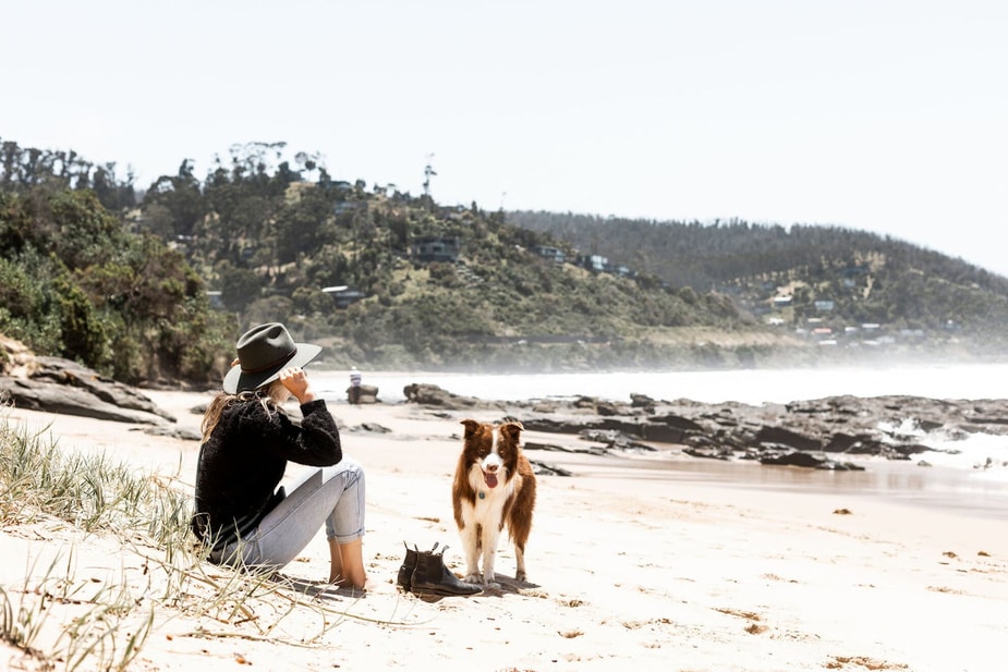 Woman with a dog on a beach