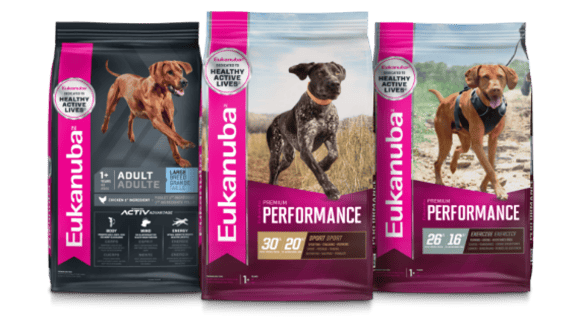 Three product packages for Eukanuba Adult Large Breed, Eukanuba Premium Performance 30 20, and Eukanuba Premium Performance 26 16.